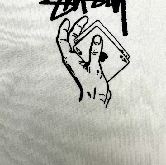 3D立体マジックハンドカードプリント白半袖Tシャツ