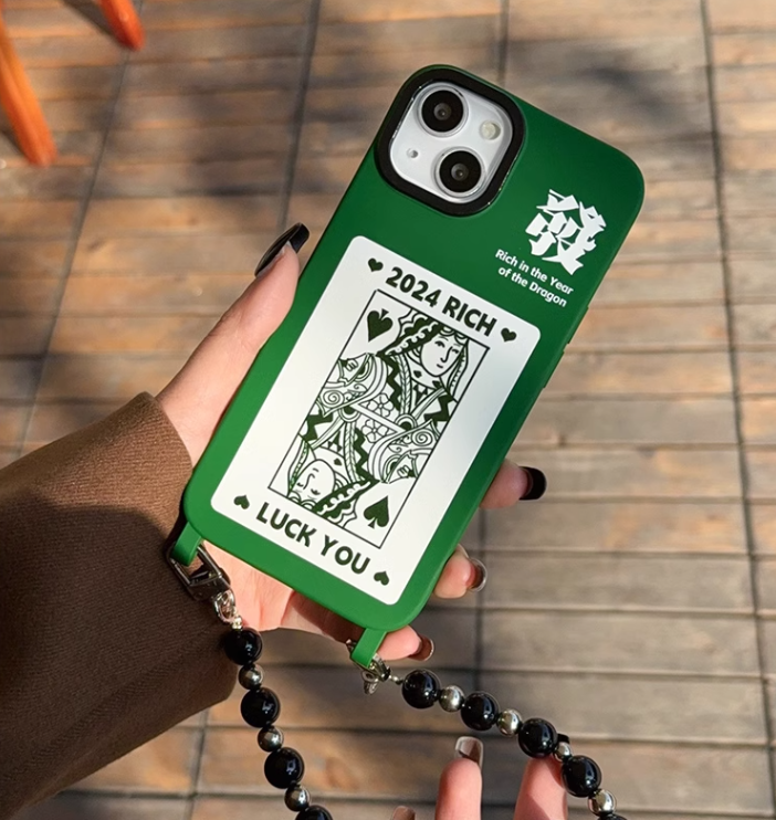 ダークグリーンシェルブラックサークルフォーチュンスタイルiPhoneケース