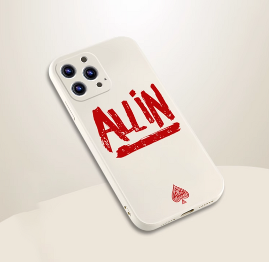 赤い「ALL IN」の文字が入ったiPhoneシリコンケース